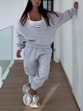 Women's Solid Color V-Neck Long Sleeve Sweatshirt And Pants Casual Loose Suit, Autumn